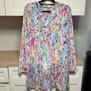 Floral Watercolor Shift Dress Sz L VNeck Midi Length Transition Coastal Feminine